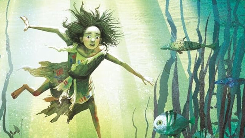 An illustration from the front cover of Riverskin - a child with flowing hair and ragged clothes underwater, joined by fish, in a greenish light