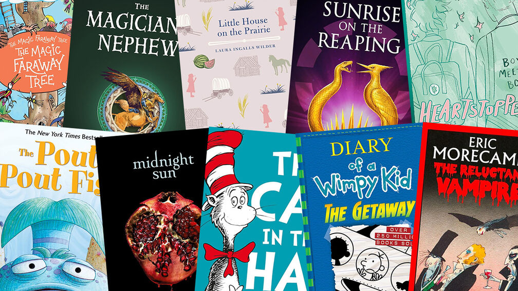 The front covers of The Magic Faraway Tree, The Magician's Nephew, Little House on the Prairie, Sunrise on the Reaping, Heartstopper, The Pout-Pout Fish, Midnight Sun, The Cat in the Hat, Diary of a Wimpy Kid: The Getaway, and The Reluctant Vampire