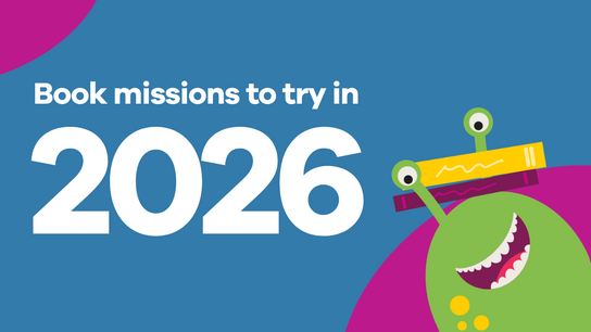 The words "2026: Book missions to try this year" and an illustration of a grinning alien balancing books on his head
