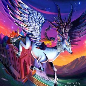 An illustration from the front cover of Vanya and the Wild Hunt - a child riding on the back of a magical horse with wings above a castle