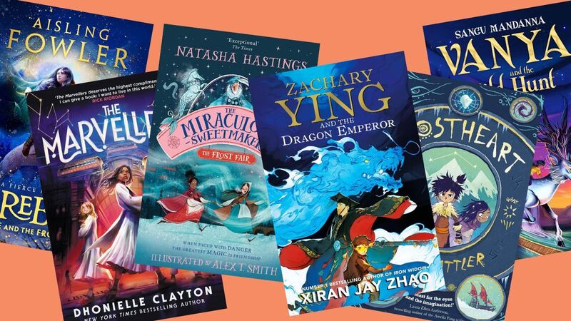 The front covers of Fireborn: Twelve and the Frozen Forest; The Marvellers; The Miraculous Sweetmakers: The Frost Fair; Zachary Ying and the Dragon Emperor; Frostheart; and Vanya and the Wild Hunt