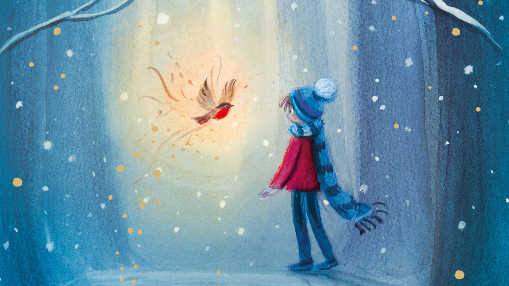 An illustration showing a boy in a bobble hat interacting with a robin