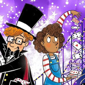 An illustration from the front cover of the Wonder Brothers - a child grinning in a top hat and bow tie, while another child plays with cards