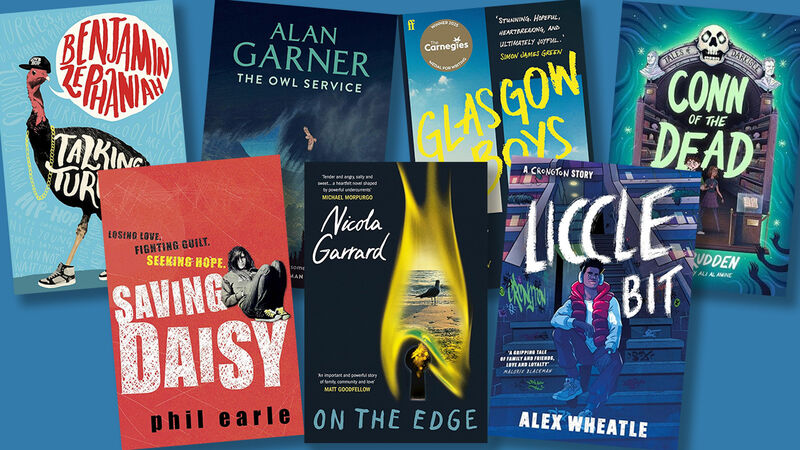 The front covers of Talking Turkey, The Owl Service, Glasgow Boys, Conn of the Dead, Saving Daisy, On the Edge, and Liccle Bit