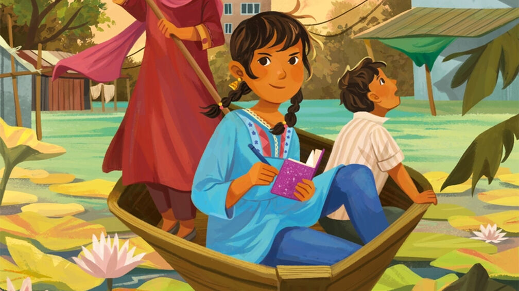An illustration from the front cover of Nadia Islam on the Record - a girl in a boat writing in a notebook while an adult stands up to row and a child looks in wonder around them