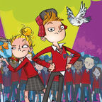An illustration from the front cover of Alex Sparrow and the Really Big Stink - a child with their hands on their hips looking suspicious, while a girl next to them peers suspiciously at a fish in a jar, and other children stand in the background. A green smell rises in the background as a pigeon flies nearby.