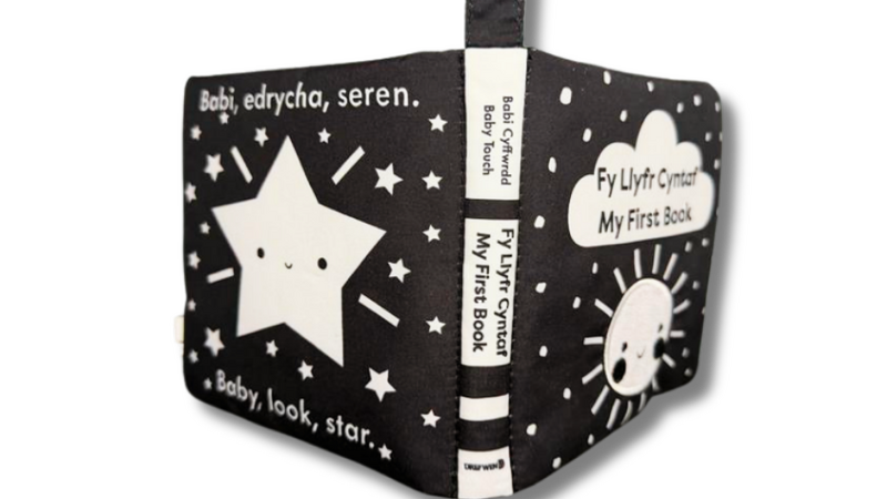 Close up of a black and white book made out of cloth