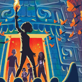 An illustration from the front cover of Escape Room - a silhouetted child holding up a flaming torch outside a stone tomb-style building, as other children stand in the building's glowing doorway