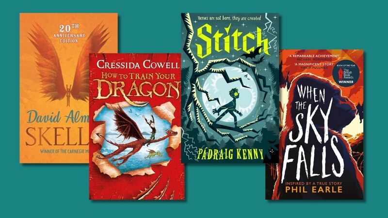 Four book covers on a teal background