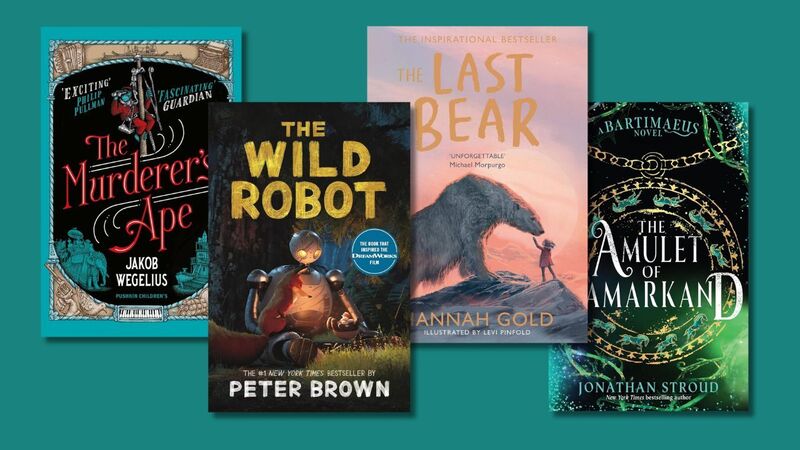 Four book covers on a teal background