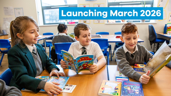 children with books in a classroom with text 'Launching March 2026 Bookbuzz Primary'