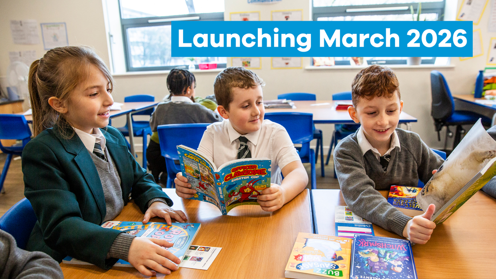 children with books in a classroom with text 'Launching March 2026 Bookbuzz Primary'