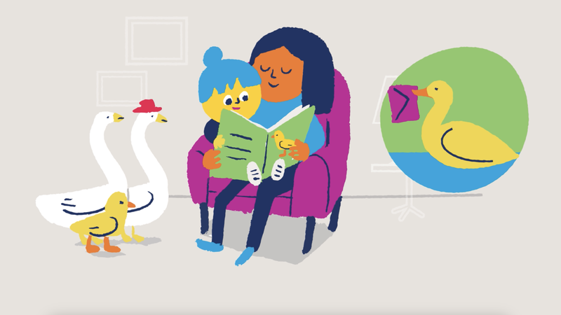 Illustration of baby sitting on grandmother's lap in a chair and reading a book