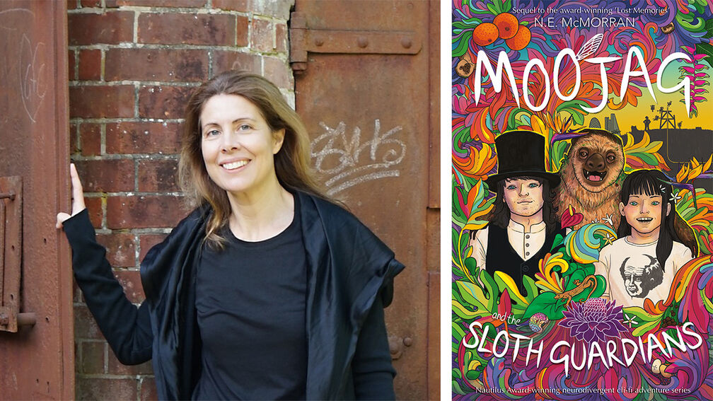 Author N. E. McMorran smiling while standing by a brick wall and metal door, plus the front cover of Moojag: Sloth Guardians