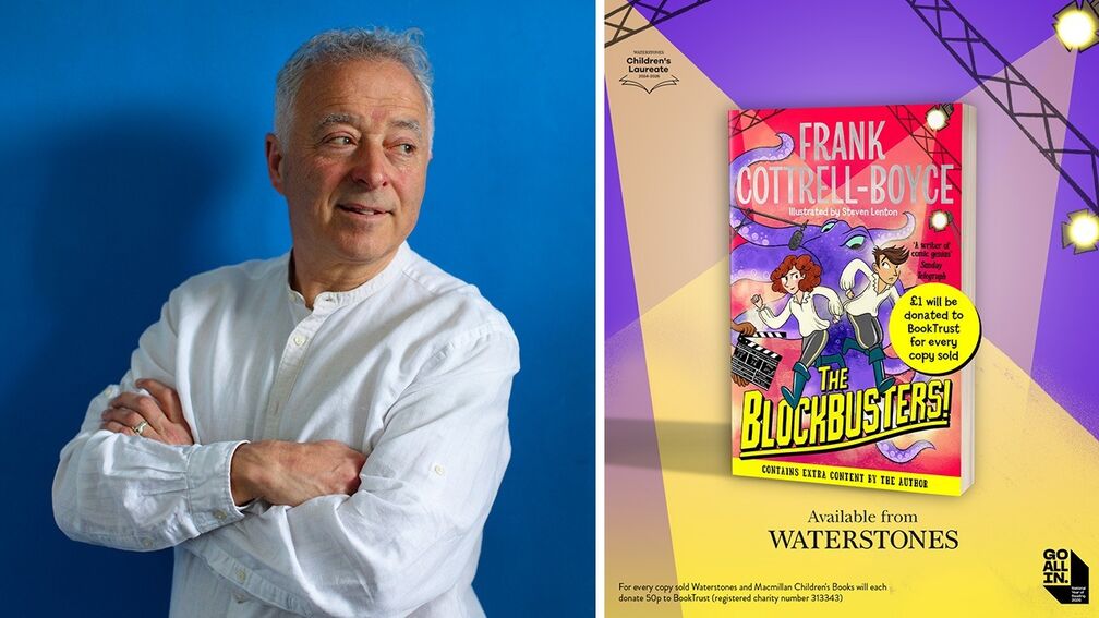 A photo of Frank Cottrell-Boyce smiling, crossing his arms and looking to the side, plus the Waterstones exclusive edition of The Blockbusters