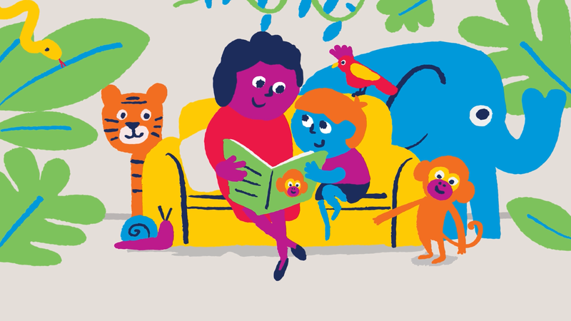 Illustration of a an adult and child sitting on a yellow sofa with a blue elephant tiger and jungle scenery behind the sofa
