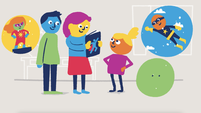 Illustration of two adults reading a book to a young girl