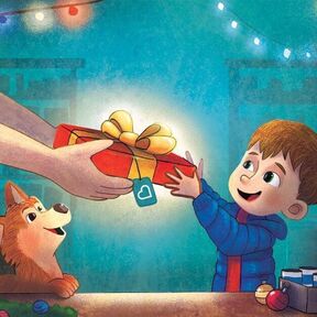 An illustration showing a boy receiving a BookTrust parcel with delight, next to a happy dog