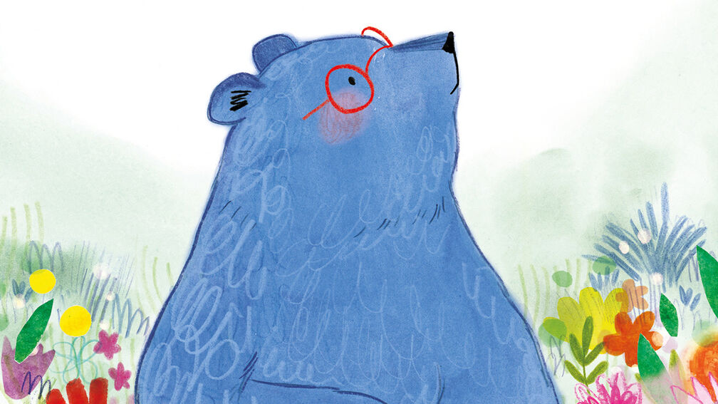 An illustration from the front cover of The Storm Cloud - a blue bear wearing glasses and looking pensive as it looks up into the sky, surrounded by flowers