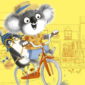 An illustration from the front cover of Huxley and Flapjack: Race to the Rescue - a koala smiling while riding a bike, while a penguin sits on the back looking anxious