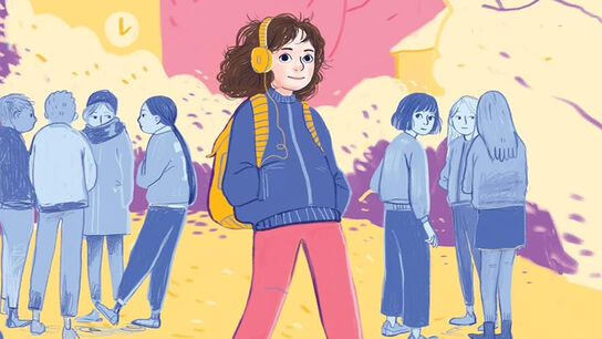 An illustration of a child smiling and walking, wearing headphones, with groups of children whispering and looking over in the background, from the front cover of Cross My Heart and Never Lie