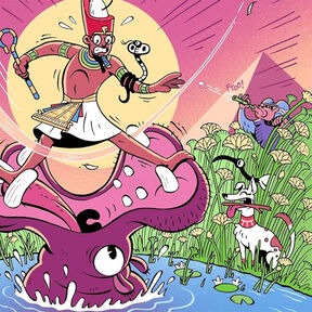 An illustration from the front cover of Pets Tell Tales - a pharaoh looking anxious while balanced on a hippo's mouth, with a snake wrapped around his arm and a dog watching from the riverside