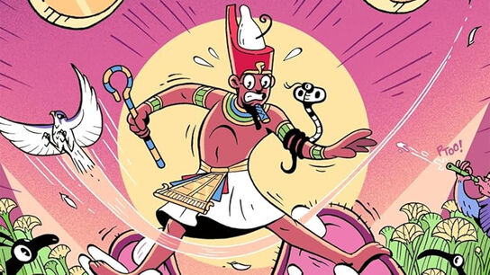 An illustration from the front cover of Pets Tell Tales: Ancient Egypt - a pharaoh looking anxious while balancing on a hippo's mouth with a snake wrapped round his arm and a bird flying nearby