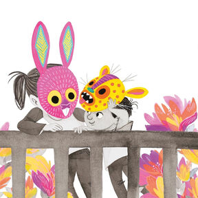 An illustration from the front cover of To The Other Side - a child wearing a rabbit mask leaning against a fence, with another smaller child lifting up their leopard mask to smile at her. There are flowers around them.
