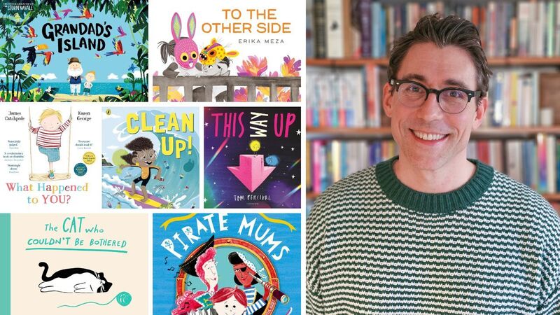 The front covers of Grandad's Island, To The Other Side, What Happened To You, Clean Up, This Way Up, The Cat Who Couldn't Be Bothered and The Pirate Mums, plus a photo of Tom Percival smiling while standing in front of a bookshelf
