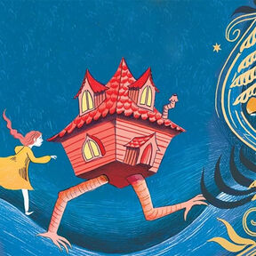An illustration from the front cover of The House with Chicken Legs Runs Away, featuring a house with legs running in a valley with a girl running alongside