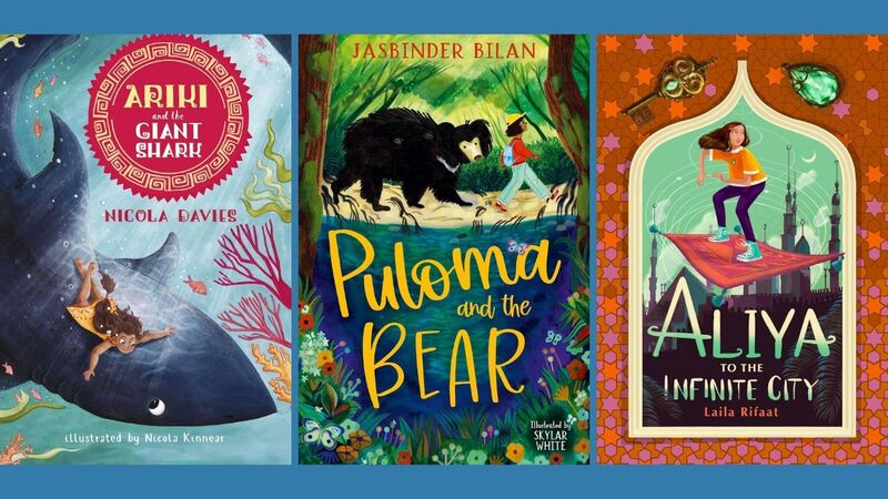 The front covers of Ariki and the Giant Shark, Puloma and the Bear, and Aliya to the Infinite City