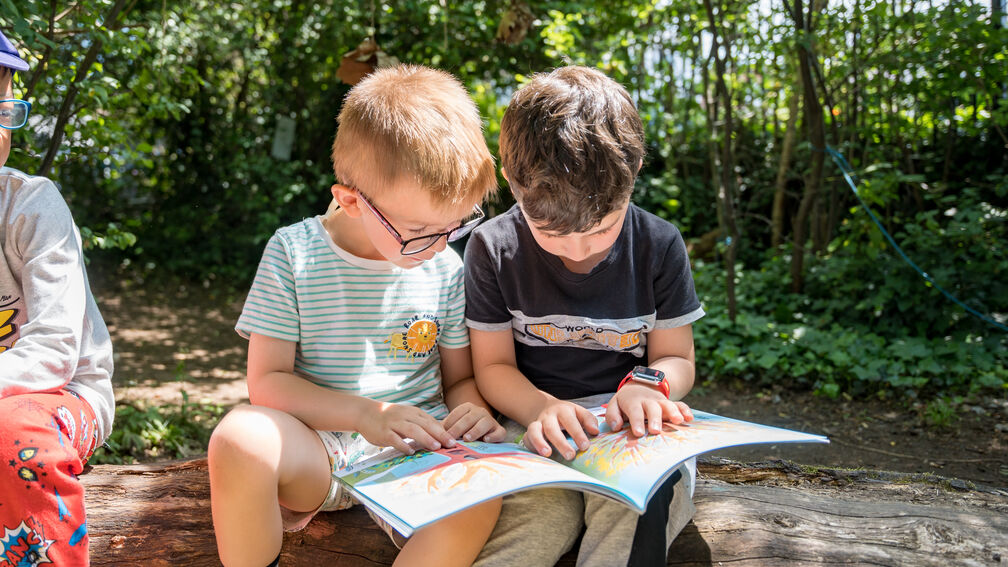 Two boys are sat on a log outside, reading a picture book together.
