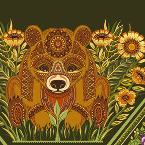 An illustration of a bear sitting down surrounded by grass and flowers from the front cover of The Bear and the Seed