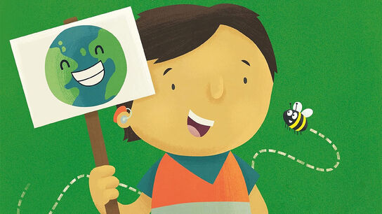 An illustration of a boy smiling while holding a sign with a smiling Earth on it as a bee buzzes nearby from the front cover of Pedro Loves Saving the Planet