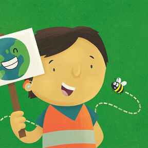 An illustration of a boy smiling while holding a sign with a smiling Earth on it as a bee buzzes nearby from the front cover of Pedro Loves Saving the Planet