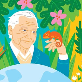 An illustration of David Attenborough looking at a chameleon or similar reptile on his hand, surrounded by foliage, from the front cover of Earth Heroes