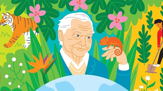 An illustration of David Attenborough looking at a chameleon or similar reptile on his hand, surrounded by foliage, from the front cover of Earth Heroes