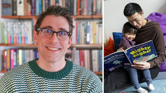 A collage - on the left is Tom Percival smiling in front of bookcases, while on the right is a dad and daughter cuddling up on a beanbag and smiling as they read the book Nighty Night together