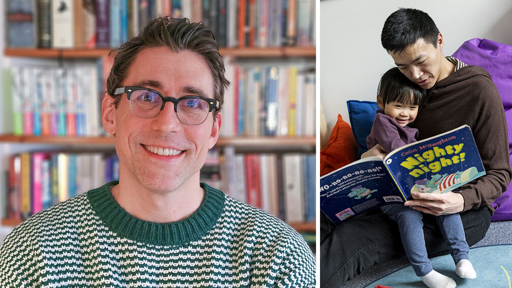 A collage - on the left is Tom Percival smiling in front of bookcases, while on the right is a dad and daughter cuddling up on a beanbag and smiling as they read the book Nighty Night together