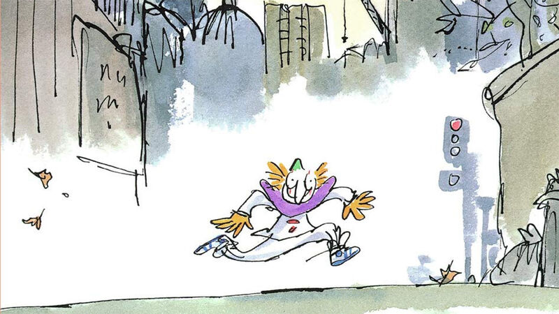 An illustration from the front cover of The Clown - a clown smiling and skipping through a cityscape