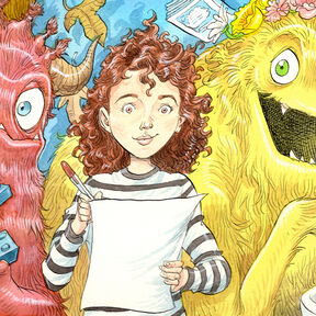 An illustration from the front cover of Fresh, featuring a child smiling and holding a pen to a piece of paper, with furry smiling monsters behind her