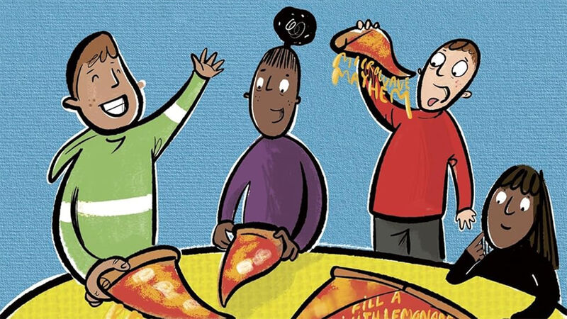 An illustration from the front cover of Poetry Pizza - a group of four children smiling and eating pizza which has words in the place of cheese