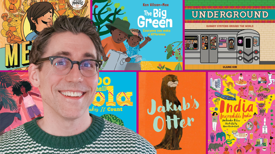 A photo of Tom Percival and the front covers of Mexikid, The Big Green, Underground, When Life Gives You Mangoes, Too Small Tola Makes It Count, Jakub's Otter, and India Incredible India