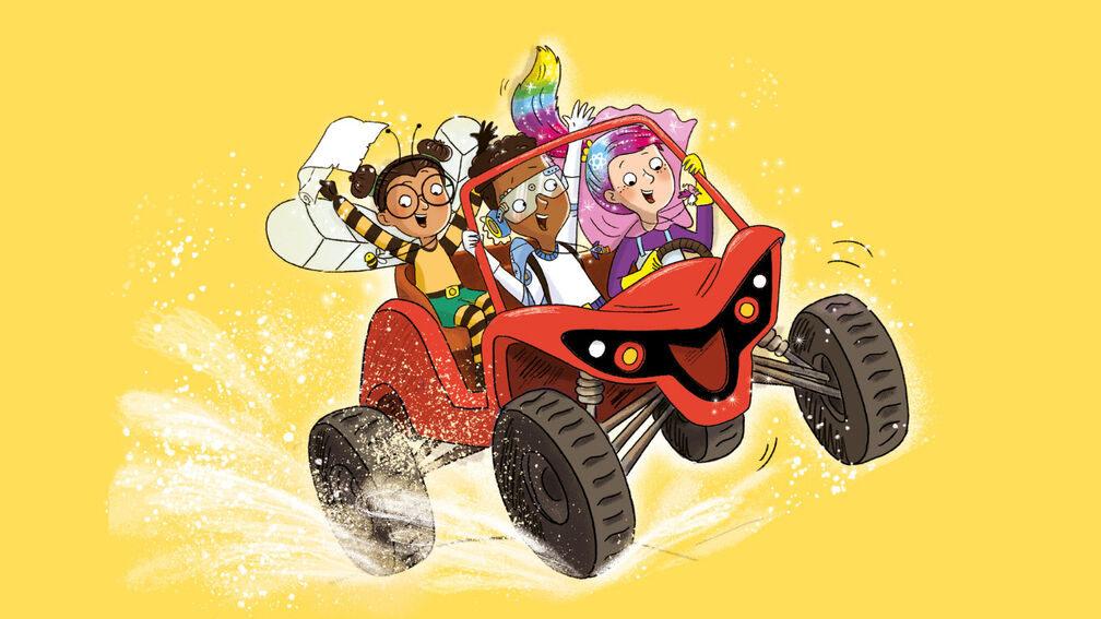 An illustration from SuperQuesters: Mission Desert Danger featuring three children looking happy an excited while driving an off-road vehicle