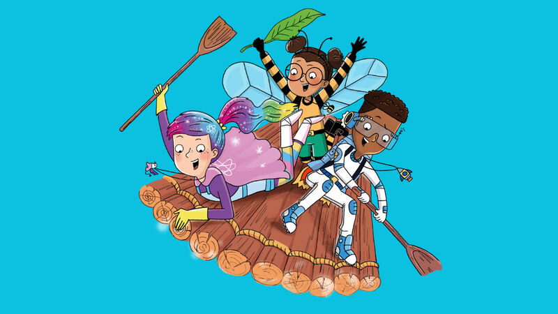 An illustration from Superquesters: Mission Rainforest Magic - three children looking excited and smiling while standing on a wooden raft