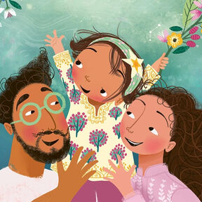 An illustration from the front cover of My Name is a Gift - a child smiling while being held up by a smiling man and woman, holding a bouquet of flowers