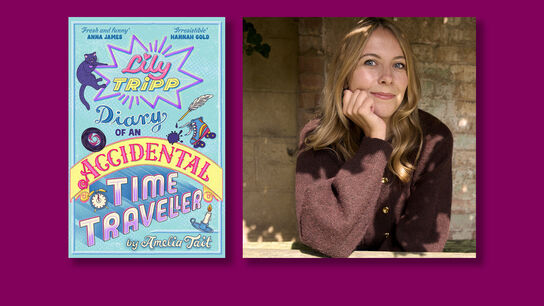 The front cover of Lily Tripp: Diary of an Accidental Time Traveller and a photo of author Amelia Tait
