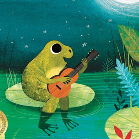 An illustration of a frog sitting on a lily pad and playing the guitar on a starry moonlit night, from the front cover of In the Swamp By The Light of the Moon