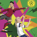 An illustration of a male footballer kicking a ball and a female footballer celebrating a goal from the front cover of Score Like a Striker