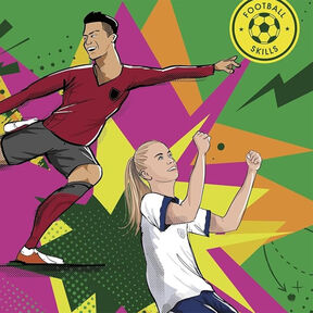 An illustration of a male footballer kicking a ball and a female footballer celebrating a goal from the front cover of Score Like a Striker